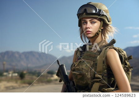 A Female Soldier Dressed in Tactical Gear, Fully Prepared and Ready for her Mission Ahead. A young woman serves in the army. Concept of a game or movie character 124589623