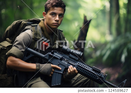 A soldier in camouflage stands alert in a lush forest, embodying bravery and determination. A man with a machine gun 124589627