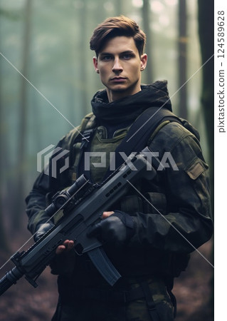A soldier in camouflage stands alert in a lush forest, embodying bravery and determination. A man with a machine gun A soldier in camouflage stands alert in a lush forest, embodying bravery and determination. A man with a machine gun 124589628