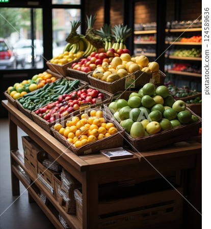 Vibrant display of colorful fruits and vegetables on tiered stands promotes healthy eating in a modern grocery store with soft lighting 124589636