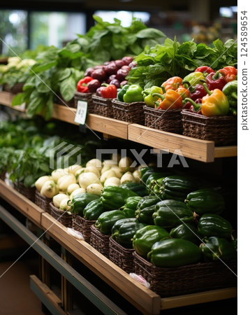 Colorful arrangement of fresh fruits and vegetables fresh herbs, salad parsley onion displayed on wooden shelves at a farmers market, offering a variety of healthy and locally sourced produce Colorful arrangement of fresh fruits and vegetables fresh herbs, salad parsley onion displayed on wooden shelves at a farmers market, offering a variety of healthy and locally sourced produce 124589654