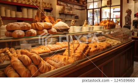 Assorted bread and rolls are neatly displayed on wooden shelves, creating an inviting bakery or supermarket showcase of fresh baked goods 124589660