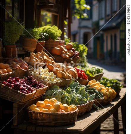 Charming european street market showcases wicker baskets brimming with vibrant pumpkins, colorful cabbages, and fresh herbs, illuminated by the golden sunlight 124589662