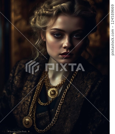 Elegant studio portrait of a fashion model in vintage inspired attire, adorned with gold chains and a pendant, accentuated by dramatic lighting to showcase her beauty 124589669