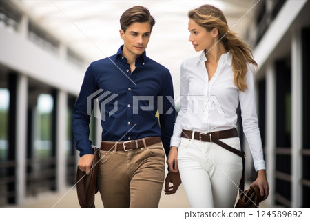 Stylish Urban Fashion Trendy Couple Dressed in Their Chic and Fashionable Attire. Young woman and man walking down the street dressed in smart casual outfits. 124589692