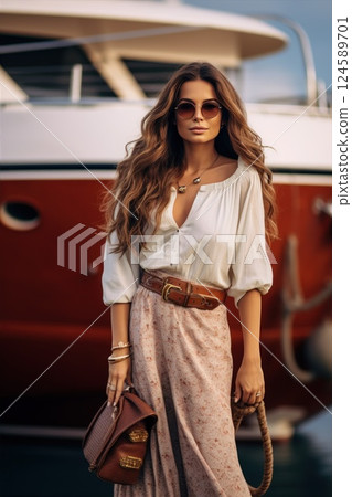 Stylish woman confidently walks along a pier with luxury yachts in a coastal town, enjoying the vibrant atmosphere Stylish woman confidently walks along a pier with luxury yachts in a coastal town, enjoying the vibrant atmosphere 124589701