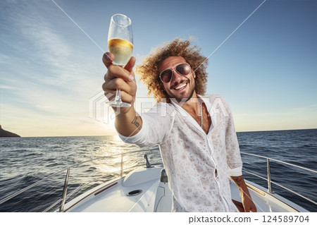 Man enjoy celebration party and fun luxury summer outdoor lifestyle by drinking champagne, travel vacation on yacht boat sailing in the sea 124589704