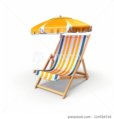 Inviting wooden deck chair with striped canvas with sun umbrella promises relaxing moment. Isolated on a white background 124589720