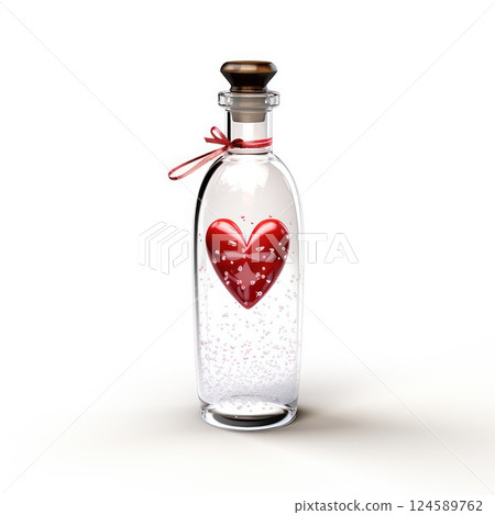 Glass bottle containing a vibrant red heart, symbolizing captured love, affection, and valentine's day romance. Isolated on white background 124589762