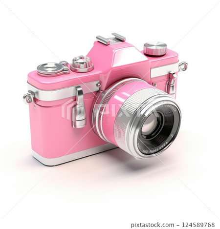 Pink vintage analog camera evoking nostalgia and the art of photography. Isolated on white background 124589768