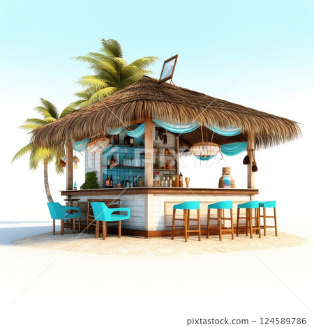 Tiki bar serving cocktails and beverages on a white sand beach surrounded by palm trees, creating a relaxing vacation atmosphere. Isolated on white background 124589786