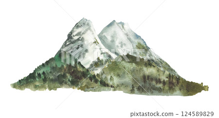 Zugspitze mountain landscape in Germany. Watercolor Mountain peaks, rocks and forested hills, silhouettes of distant trees for Bavarian land card, travel poster. Hand drawn isolated illustration 124589829