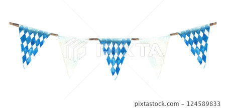 Flags on the rope Watercolor blue rhombus and white triangular pennant set. Oktoberfest Germany festival garland. Hand painted isolated illustration. Diamond shaped elements from the Bavarian flag. Flags on the rope Watercolor blue rhombus and white triangular pennant set. Oktoberfest Germany festival garland. Hand painted isolated illustration. Diamond shaped elements from the Bavarian flag. 124589833