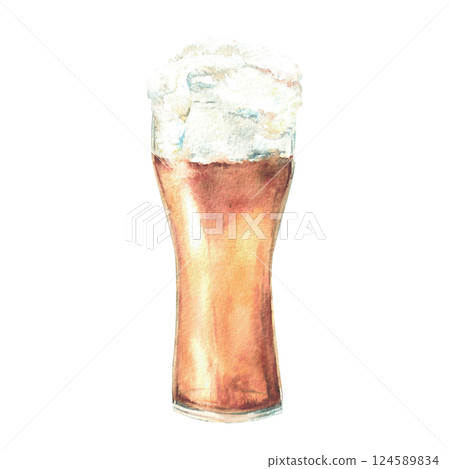 A glass of Beer. Foamy beer drinks, pint of light golden alcoholic beverage. Watercolor drawing illustration for Oktoberfest Germany festival card, sticker. Hand drawn isolated from background clipart A glass of Beer. Foamy beer drinks, pint of light golden alcoholic beverage. Watercolor drawing illustration for Oktoberfest Germany festival card, sticker. Hand drawn isolated from background clipart 124589834