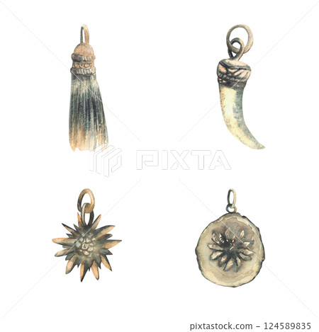 Charivari set. Bavarian Lederhosen krachlederne decor element at Oktoberfest. Traditional clothing pendant for mens leather pants that hang on a chain. Hand drawn watercolor isolated illustration Charivari set. Bavarian Lederhosen krachlederne decor element at Oktoberfest. Traditional clothing pendant for mens leather pants that hang on a chain. Hand drawn watercolor isolated illustration 124589835