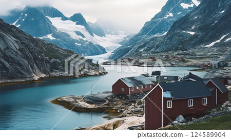 Northern landscape with snow capped mountains and small red houses Northern landscape with snow capped mountains and small red houses 124589904