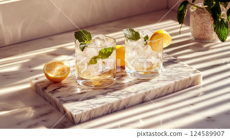 Refreshing drink cocktail with citrus in a glass 124589907