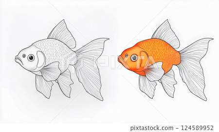 Outline of a goldfish and a painted fish for coloring book 124589952