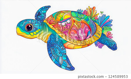 Bright color picture of underwater world with turtle and fish for kids 124589953