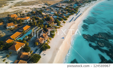 Long sandy beach with palm trees by the sea sunny clear day 124589967