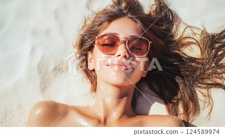 Relaxed woman enjoying sun at tropical beach 124589974