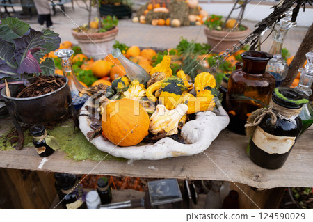 Halloween garden decorations concept. Autumn composition 124590029