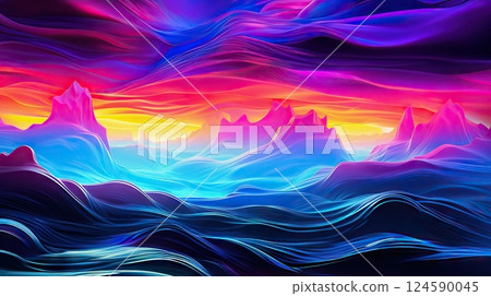 Radiant Dreams Abstract Vibrant Colorful Neon Digital Landscape - Ultrawide Panorama Banner Background. created with Generative AI 124590045