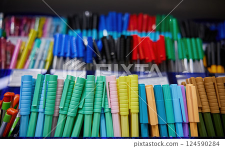 Pens display with various colors and designs in stationery store Pens display with various colors and designs in stationery store 124590284