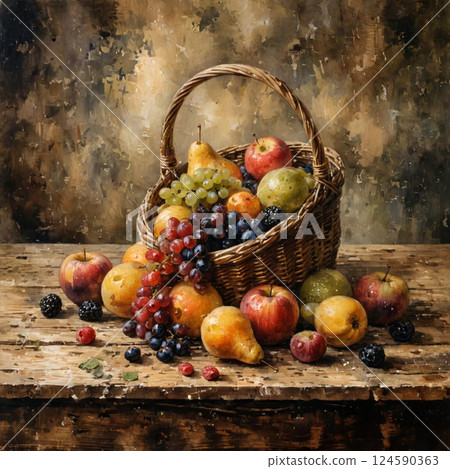 Rustic Still Life of a Basket with Assorted Fresh Fruits on Wooden Table Rustic Still Life of a Basket with Assorted Fresh Fruits on Wooden Table 124590363