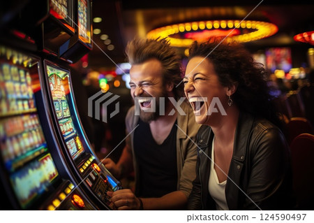 Jackpot Jubilation Friends Reveling in Joy at Casino Slot Machine, Bathed in Vibrant Lights, Eagerly Anticipating the Thrill of a Potential Win. created with Generative AI 124590497