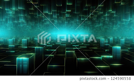 Green Cubic Odyssey Abstract 3D Digital Cubes Ultrawide Panorama Background in Striking Black and Green Hues.. created with Generative AI 124590558