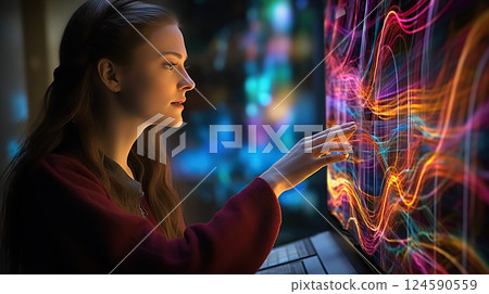 Tech-Savvy Young Woman Immersed in a Dynamic Digital World, Navigating a Spectrum of Data Streams with Focused Precision and Curiosity. created with Generative AI 124590559