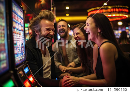 Jackpot Jubilation Friends Reveling in Joy at Casino Slot Machine, Bathed in Vibrant Lights, Eagerly Anticipating the Thrill of a Potential Win. created with Generative AI 124590560