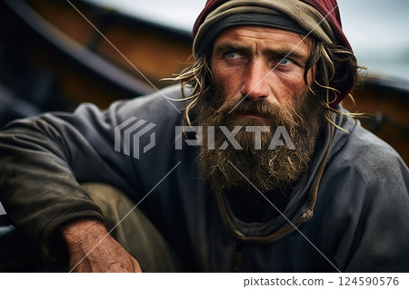 Solitude on the Seas Rugged Fisherman Contemplating Aboard Wooden Boat Amidst Gloomy Seas and Brooding Overcast Skies. created with Generative AI Solitude on the Seas Rugged Fisherman Contemplating Aboard Wooden Boat Amidst Gloomy Seas and Brooding Overcast Skies. created with Generative AI 124590576