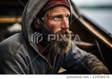 Solitude on the Seas Rugged Fisherman Contemplating Aboard Wooden Boat Amidst Gloomy Seas and Brooding Overcast Skies. created with Generative AI 124590578