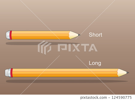short and a long yellow pencil on wooden background 124590775