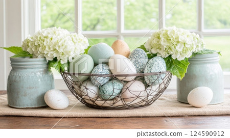 Easter centerpiece featuring vintage decorations and beautifully patterned Easter eggs arranged in a charming display with floral accents and natural lighting 124590912