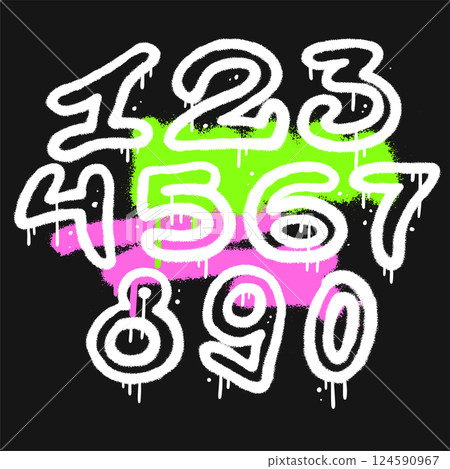Urban graffiti white spray paint numbers set isolated on black background. Spray Painted Graffiti figures. Vector hand drawn cliparts Urban graffiti white spray paint numbers set isolated on black background. Spray Painted Graffiti figures. Vector hand drawn cliparts 124590967