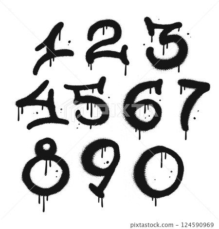 Urban graffiti numbers set. Collection of figures in the style of street art spray paint. Textured hand drawn vector illustration. 124590969