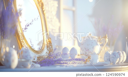Easter centerpiece featuring vintage decorations and pastel Easter eggs creating Provencal spring decor 124590974