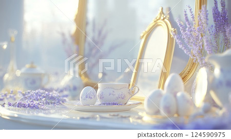 Vintage Easter centerpiece featuring delicate Easter eggs, spring flowers, and antique decorations for Provence touch in home decor. Vintage French provincial decor 124590975