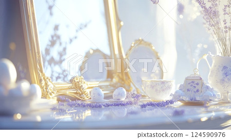 Vintage decorations showcase an elegant Easter centerpiece with beautifully arranged Easter eggs and delicate spring accents for Provencal touch in home decor 124590976