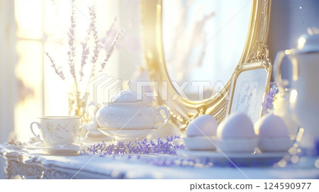 Easter centerpiece featuring vintage decorations, antique Easter eggs, and a touch of Provencal charm for a delightful spring decor 124590977