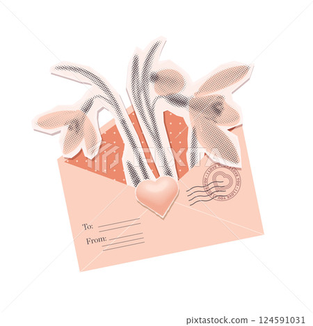 Whimsical halftone collage featuring spring flowers inside an envelope. Mixed media art with beige envelope filled with snowdrops. Vintage bouquet symbolizes a letter with spring mood and love. Vector 124591031