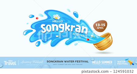 Songkran thailand festival, golden bowls water splashing banner design background Songkran thailand festival, golden bowls water splashing banner design background 124591032