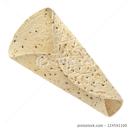 Empty folded lavash with flax seeds isolated on white background with clipping path, full depth of field Empty folded lavash with flax seeds isolated on white background with clipping path, full depth of field 124591100