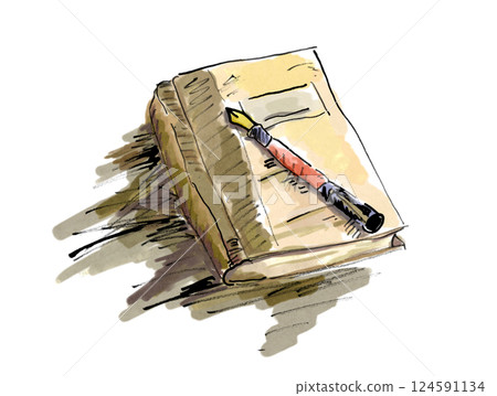 Brown sepia toned old antique-style diary/notebook/journal with a fountain-like pen and a red-grip pen 124591134