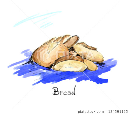 An illustration of multiple breads such as pain de campagne, baguettes, and French bread displayed on a blue background 124591135