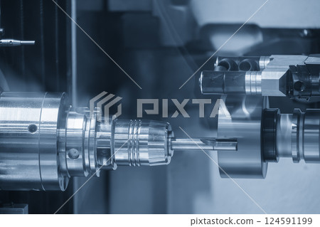 The CNC tool regrinding machine in the light blue scene. 124591199