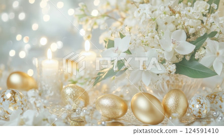 Luxurious style Easter tablescape featuring golden Easter eggs and elegant table setting with beautiful floral arrangements and soft ambient lighting 124591410